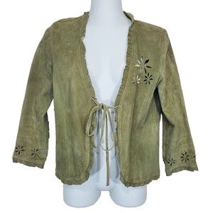 Karen Kane Lifestyle Suede Jacket Small Laser Cut Sage Green Blazer Tie Front